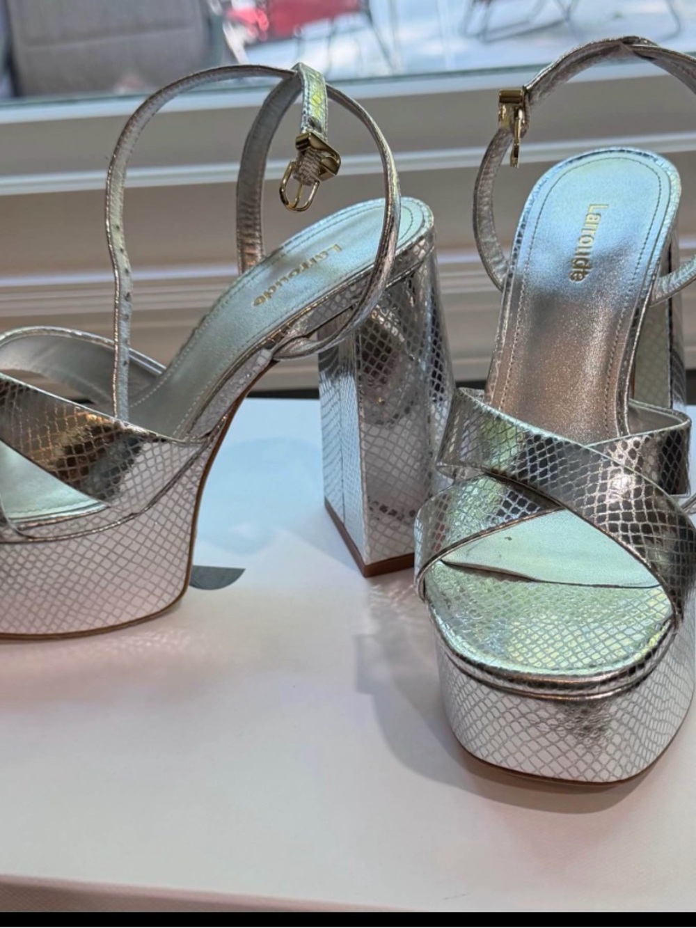 Larroude Silver Metallic Platform Sandals